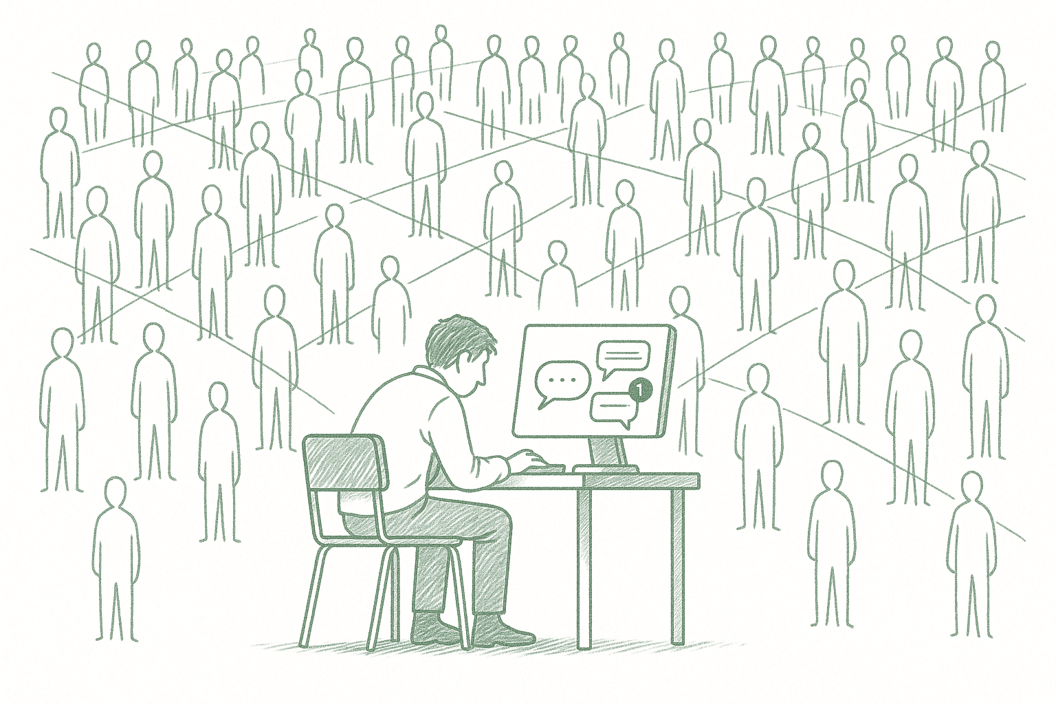 A lone figure at a desk staring at a screen full of chat notifications, surrounded by a crowd of disconnected people