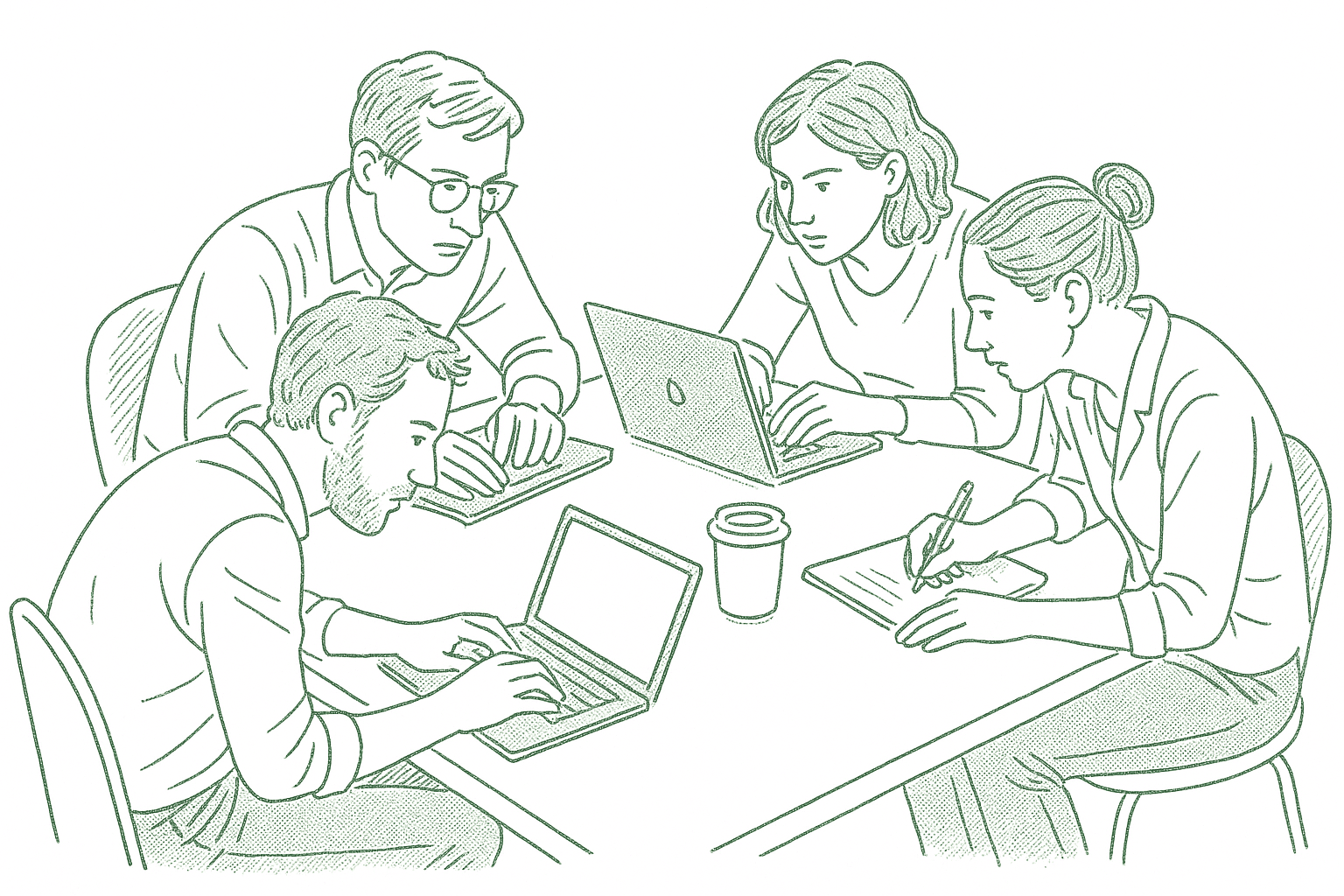 A group of founders seated in a tight circle around a shared table, working together in intense collaborative focus