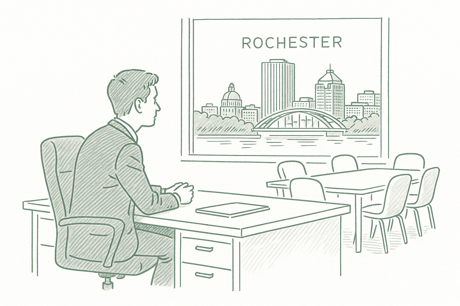 A young executive alone at a large desk in Rochester, empty chairs around a conference table — the isolation that launched YPO